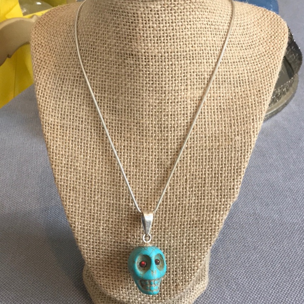 Faux Turquoise skull Head pendant on silver chain